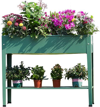 Raised Garden Bed, Elevated Planter Green Metal Plant Box with Legs Standing Garden Stand Drainage Holes Green (Green 40
