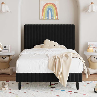 Twin Bed Frame, Velvet Upholstered Platform Bed with Vertical Channel Tufted Headboard and Footboard, No Box Spring Required, Easy Assembly, Black