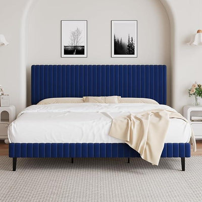 King Size Bed Frame and Headboard, Velvet Upholstered Platform Bed with Vertical Channel Tufted Headboard and Footboard, No Box Spring Required, Easy Assembly, Blue