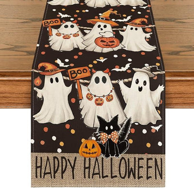 Artoid Mode Ghost Jack-O'-Lantern Black Cat Halloween Table Runner,Holiday Kitchen Dining Table Decoration for Home Party Decor 13 x 108 Inch