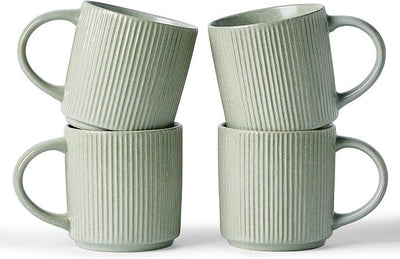 famiware Coffee Mug Set for 4, Star 12 oz Catering Mugs Cup Set with Handle for Coffee, Tea, Cocoa, Milk - Ceramic Stoneware Drinkware Set, Matte Green