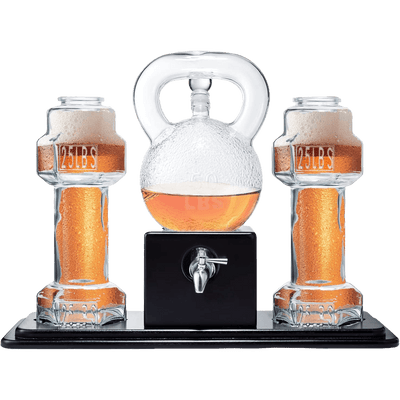 Kettlebell & Dumbbell Beer, Whiskey & Wine Dispenser Set, 40 OZ Decanter & 26 OZ Glasses - Great Weightlifting Gift, Coach, Deadlifting Powerlifting - Pourer with Spigot Mahogany Wooden Base Gym Gifts for Dad