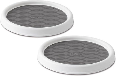 Copco 9 Inch Non Skid Pantry Cabinet Lazy Susan Turntable, Set of 2, Spinning Organizer for Kitchen, Countertop, or Bathroom, White and Gray