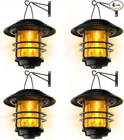 Otdair Solar Wall Lantern Outdoor, Flickering Flames Solar Sconce Lights Outdoor, Hanging Solar Lamps Wall Mount for Front Porch, Patio and Yard, 4 Pack
