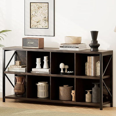 8 Cube Storage Organizer Bookshelf, Industrial Horizontal Bookcase, Accent Cubby Shelf, Media Console Table for Living Room, Home Office, 63 Inches, Brown Walnut