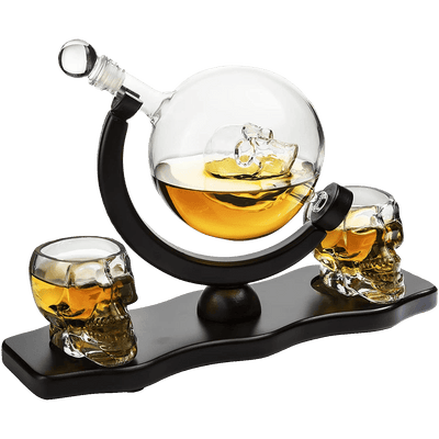 Skull Decanter Set With 2 Skull Shot Glasses - by The Wine Savant - and Beautiful Wooden Base - By Use Skull Head Cup For A Whiskey and Vodka Shot Glass, 850ml Decanter 3 Ounces Shot Glass