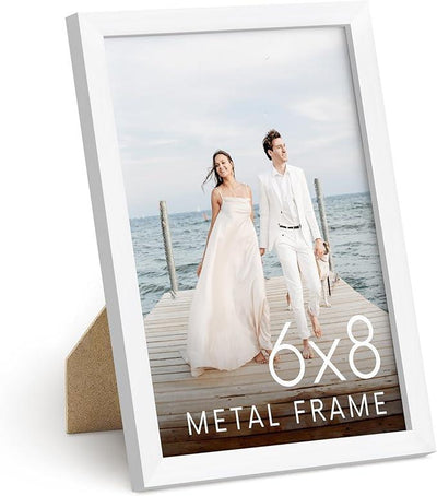 HAUS AND HUES 6x8 White Metal Picture Frame - 6x8 Wall Picture Frame - Features Premium Aluminum, Vertical Hanging, Easel Back for Tabletop, Home, Office (6x8 in, White, Set of 1)