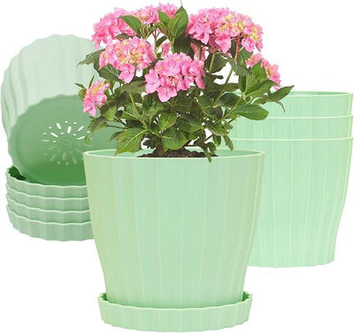 5 Pack Flower Pots for Indoor Plants, 6 inch Plant Pots Outdoor Planters for Porch Garden Office Home Decorative Holiday with Drainage Holes and Saucers, Plastic Planter Nursery Pots Green
