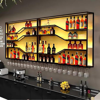 78.8in Wall Mounted Wine Rack with LED Light, 5-Tiers Liquor Bottles Display Shelf with Glasses Holder, Metal Home Bar Shelves with Industrial Iron Frame for Kitchen(Black, 78.8in/6.56ft)