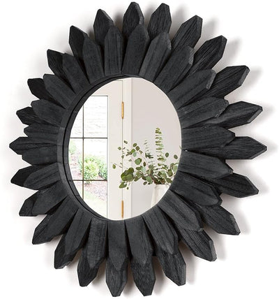 Honiway Black Wall Decor Wall Mirror 12 inch Boho Wall Decor Wood Decorative Mirror for Room Decor Home Decor for Bedroom Living Room Bathroom Kitchen Black