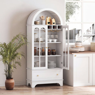 71.5 Inch Arched Cabinet 5-Tier with Tempered Glass Doors and Wine Rack-White