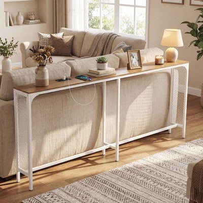 71 Inch Narrow Console Table with Power Outlet for Small Space-Natural
