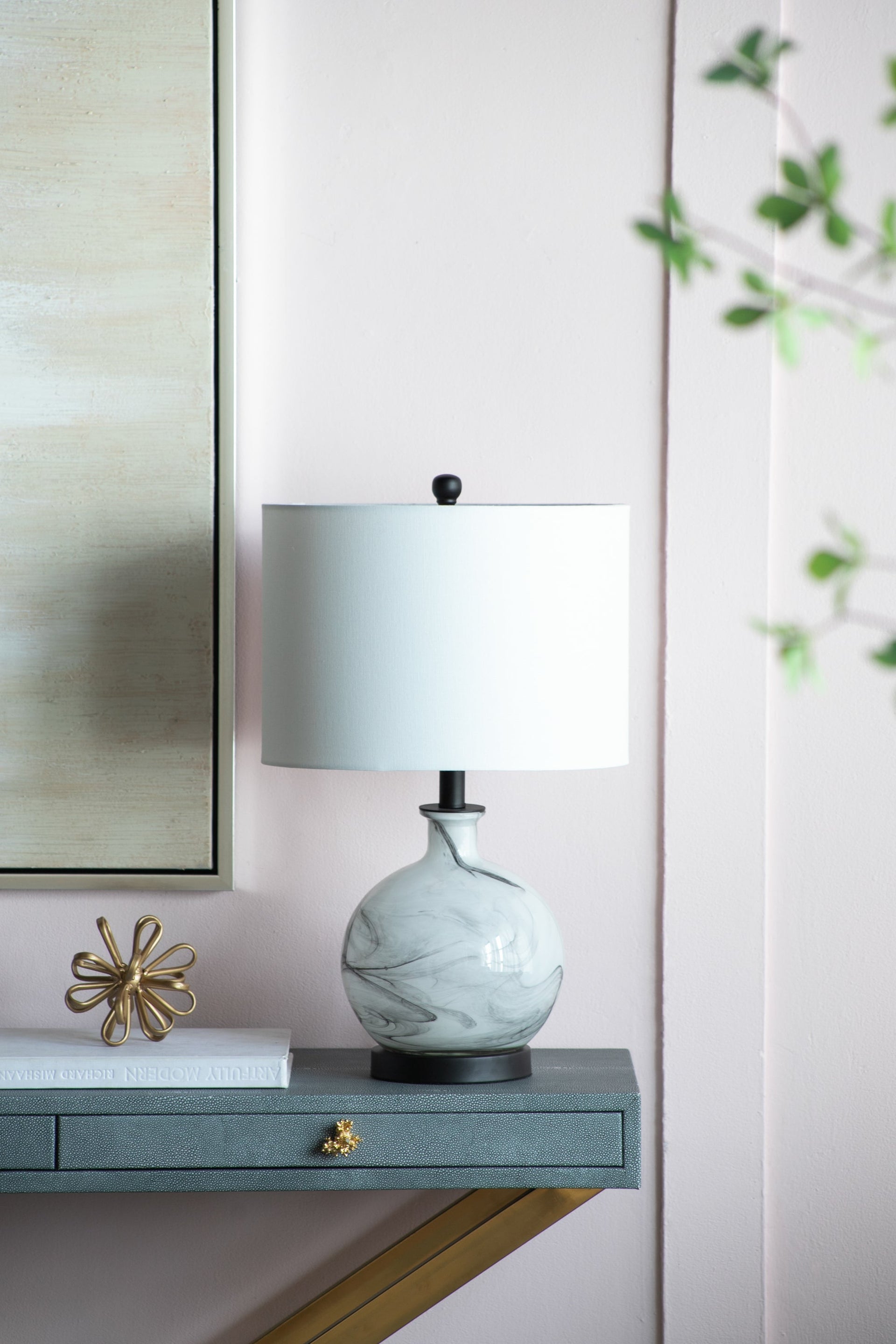 14x14x23' White And Grey Glass Table Lamp