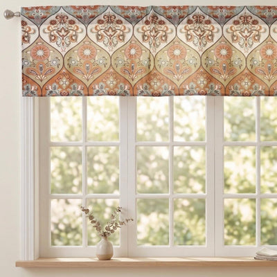DaDa Bedding Bohemian Valance Curtain - Semi Sheer Window Treatment Coral Teal Floral Paisley Botanical Garden Party - Bright Vibrant Multi-Colorful Blue Salmon Pink - 18