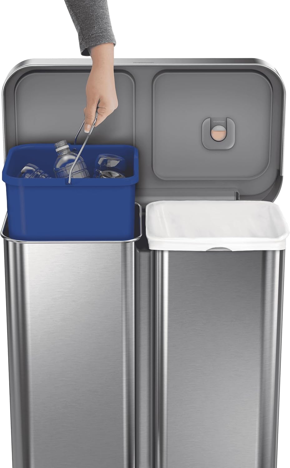 simplehuman 58 Liter / 15.3 Gallon Rectangular Hands-Free Dual Compartment Recycling Kitchen Step Trash Can with Soft-Close Lid, Brushed Stainless Steel