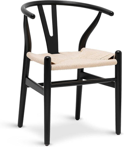 POLY & BARK Weave Dining Chair – Mid-Century Modern Wishbone Dining Chair with Arms, Solid Wood Frame, Indoor Use – Black – Single - Ideal for Dining Room, Kitchen or Stylish Accent Setting