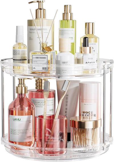 LAMU 10.6in Rotating Makeup Organizer for Vanity, 2 Tier Lazy Susan Turntable Stackable Spinning Skincare Organizer Cosmetic Perfume Tray for Bathroom Counter, Large Capacity, Clear