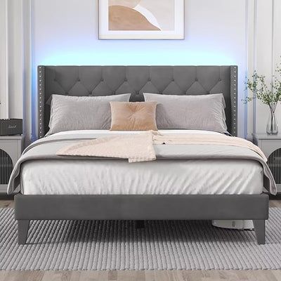 Queen Size Bed Frame with LED Lights, Upholstered Bed Frame with Wingback Diamond Tufted Headboard, Wood Slats Support, Noise-Free, Easy Assembly, No Box Spring Needed, Grey