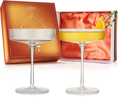Vintage Art Deco Coupe Glasses Ribbed Coupe Cocktail Glasses 8 oz | Set of 2 | Crystal Cocktail Glassware for Champagne Classic Manhattan Goblet For Cocktails , Ripple Coupe Glassware - Gift Box