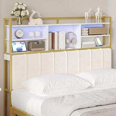 Headboard with 3-Tier Storage Shelves, Velvet Upholstered Head Board with 2 Outlets, USB Ports & LED Light, Soft Backrest for Queen Size Bed, White and Gold BH15203AV1