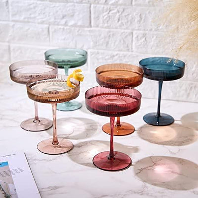 Vintage Art Deco Coupe Glasses Ribbed Coupe Cocktail Glasses 7 oz | Set of 6 | Pastel Colored Crystal Cocktail Glassware for Champagne, Martini, Manhattan Goblet Cocktails, Ripple Glassware - Gift Box