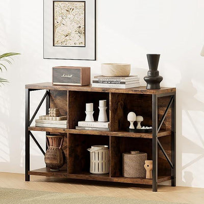 6 Cube Storage Organizer Bookshelf, Industrial Horizontal Bookcase, Accent Cubby Shelf, Media Console Table for Living Room, Home Office, 47.2 Inches, Rustic Brown