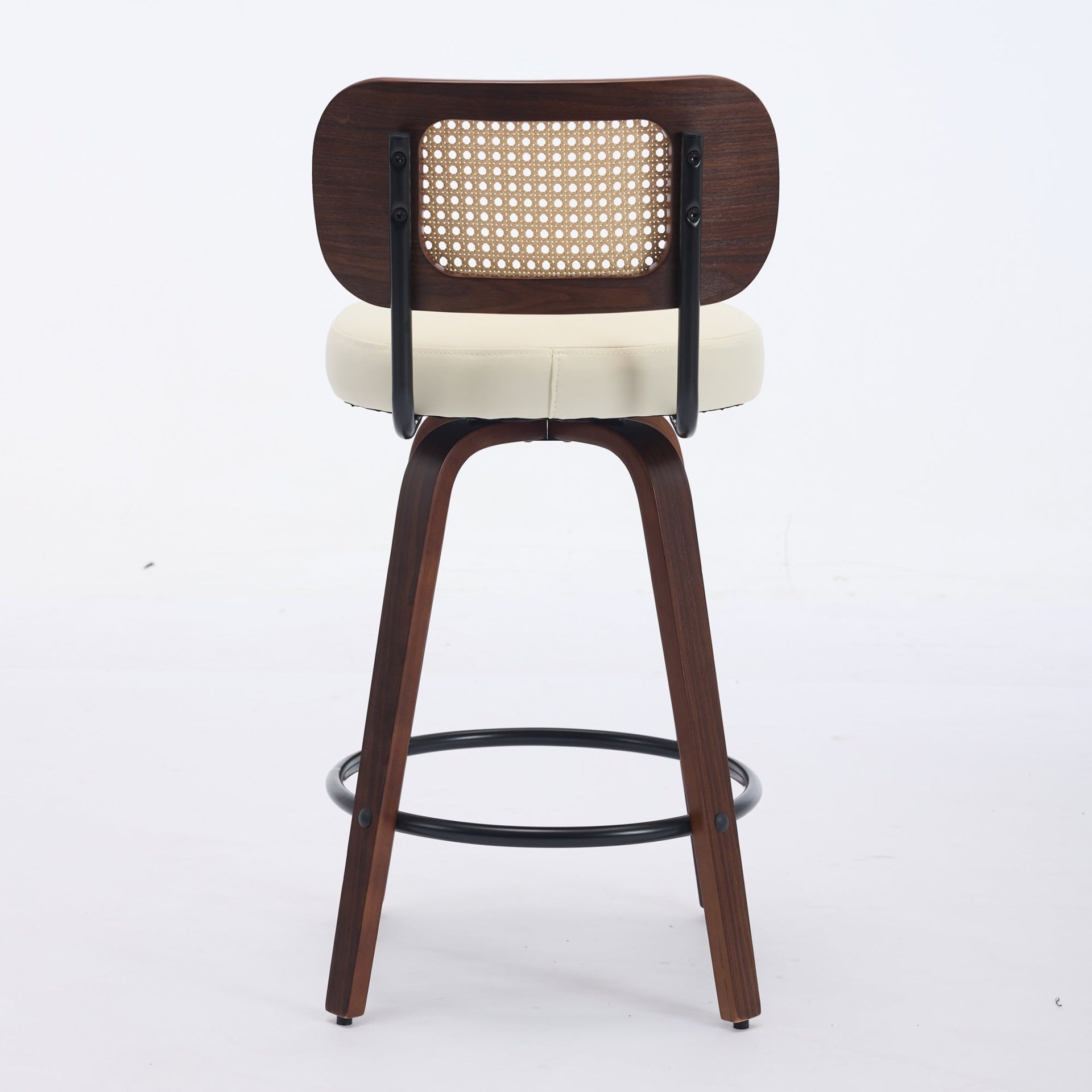Set of 3 Counter Height Bar Stools - 26 inch Rattan Counter Height Stools with Cane Back, Upholstered Seat, Walnut Craftsmanship, Swivel Counter Stools for Island/Kitchen/Counter/Bar (Walnut /Beige)