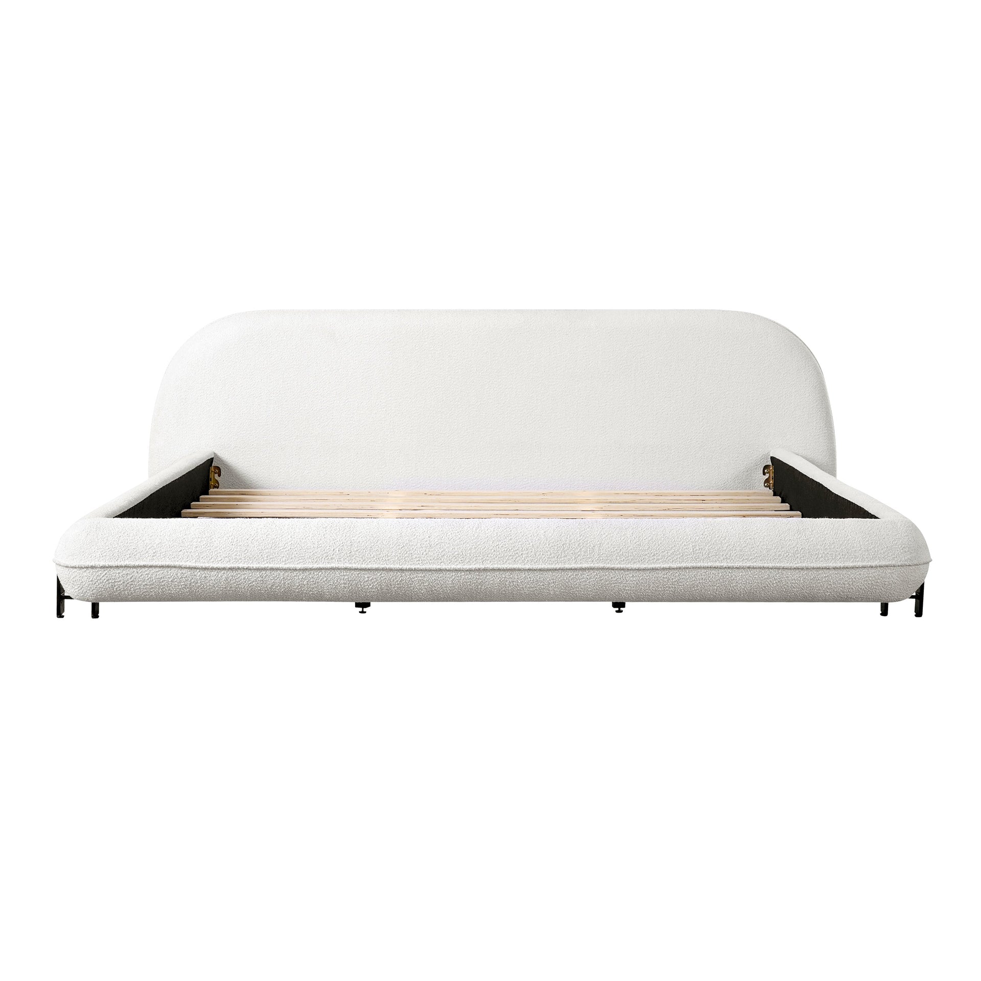 King Size Bed Frame with Boucle Fabric, Upholstered Platform Bed with Curve-Shaped Design & Thick Headboard, White