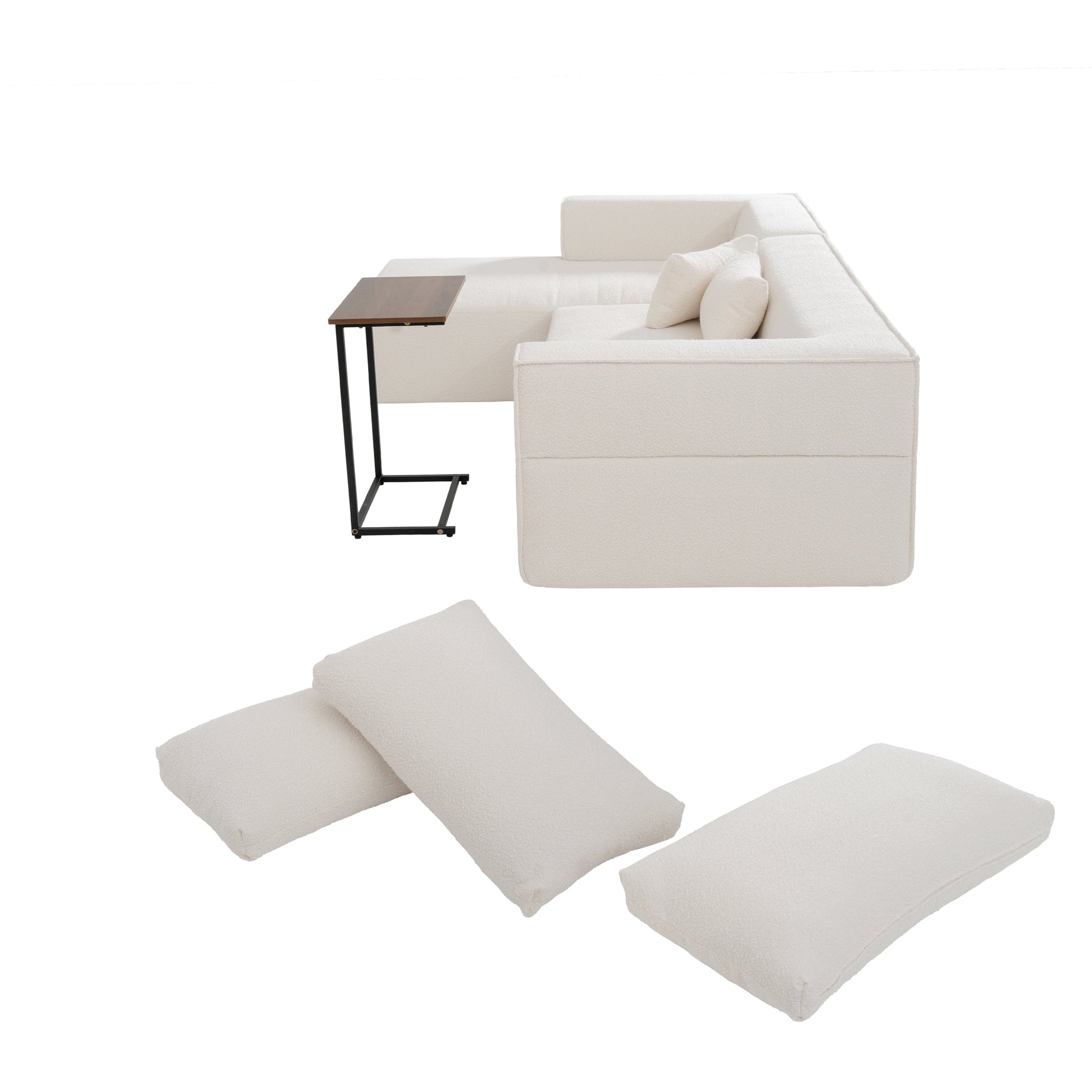 112'Modular Sectional Sofa with Free Side Table,Wide Seat,Fully Compressed,Wrinkle-resistant Boucle Fabric Couch with Chaise,Free Combination,L-Shaped Sofa for Living Room,No Assembly Required,3 Color