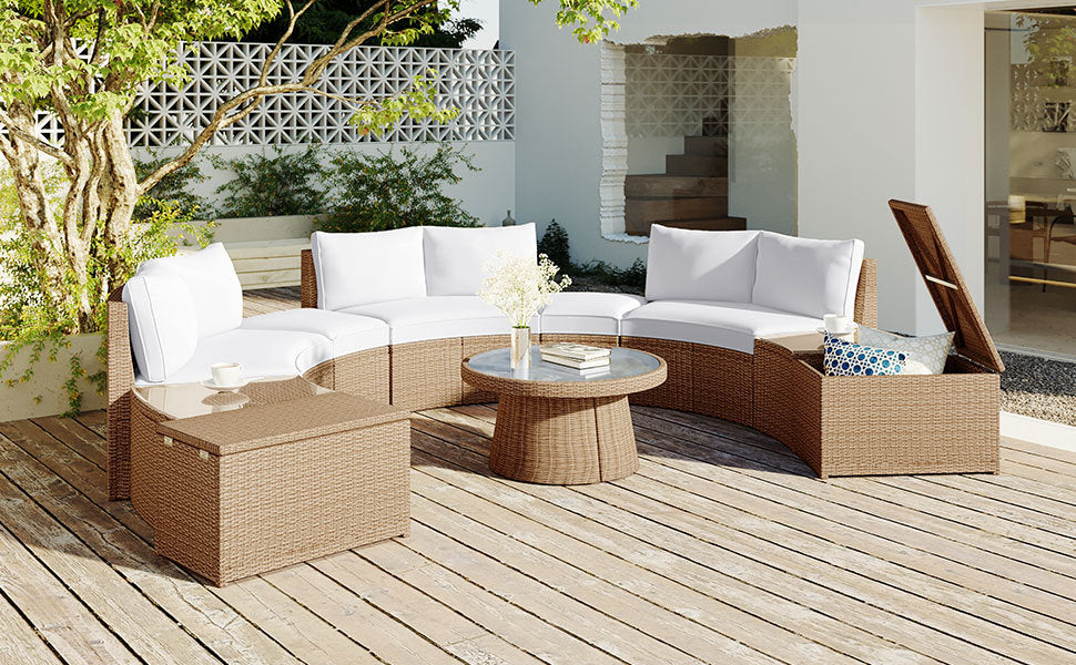 10-Piece Outdoor Sectional Half Round Patio Rattan Sofa Set, PE Wicker Conversation Furniture Set for Free Combination, White
