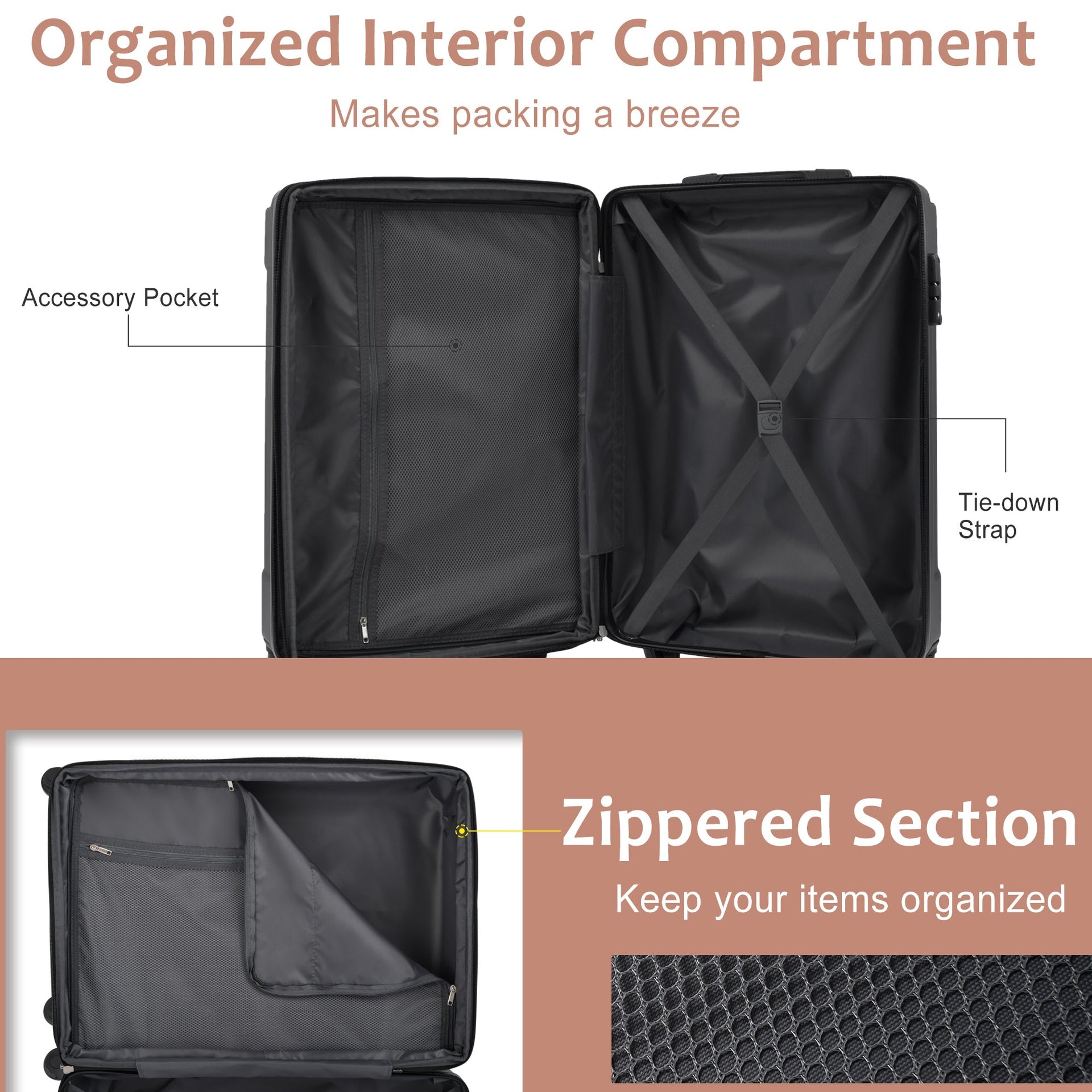 Luggage Sets 2 Piece, Hardshell ABS Lightweight and Expandable(only 28') Suitcases with Double Wheels, Carry-on Luggage, 2-Piece Set (20/28), Black Brown