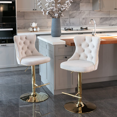 Golden Swivel Velvet Adjustable Barstools with Backs Upholstered Tufted for Home Pub