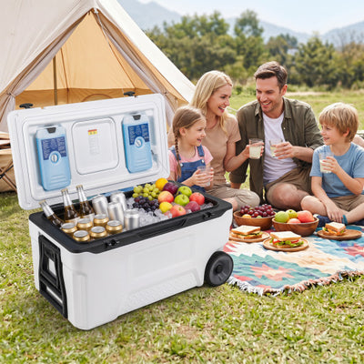 74 Quart Portable Rolling Cooler with Fish Ruler for Outdoor-White