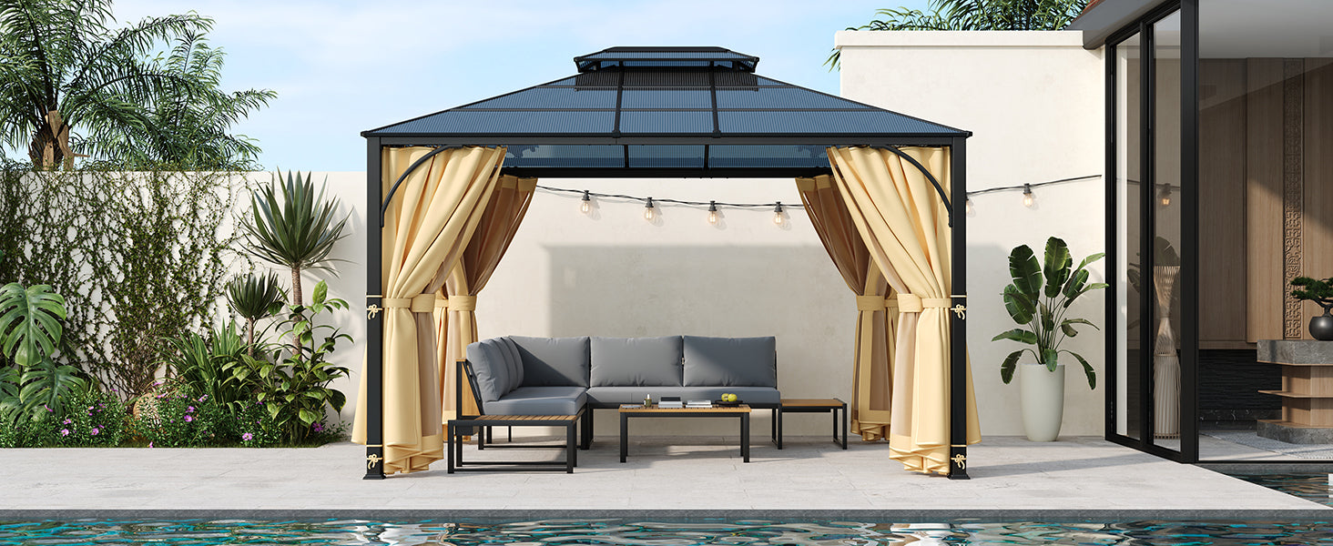 TREXM 10'x12' Hardtop Outdoor Gazebo, Heavy Duty Double Roof Patio Gazebo with Aluminum Frame, Double-Layer Side Walls Mosquito Netting & Privacy Curtains for Patio, Garden, Backyard (Beige)