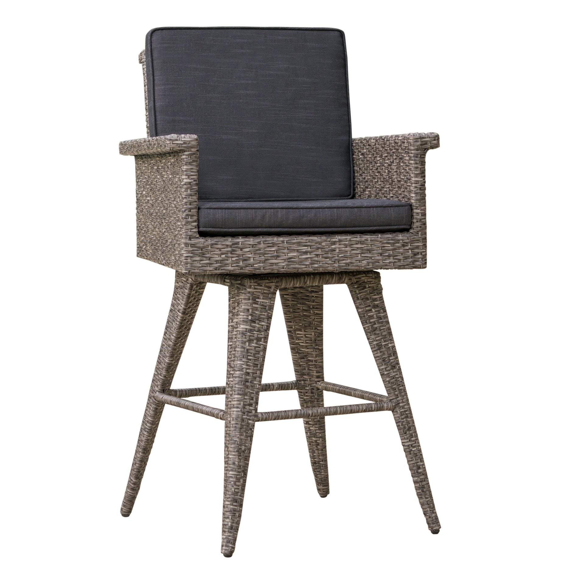 30' Outdoor PE Rattan Swivel Barstool with Water Resistant Cushion, Mixed Black Wicker, Dark Grey Cushion
