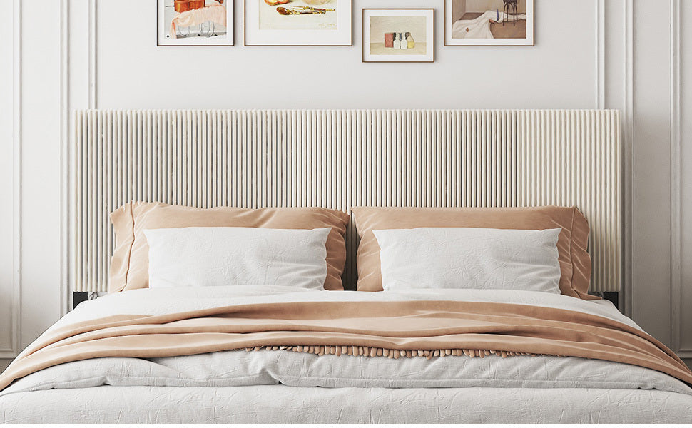 King bed frame with a bandaged headboard is stable and easy to assemble, and the style is simple and elegant,beige