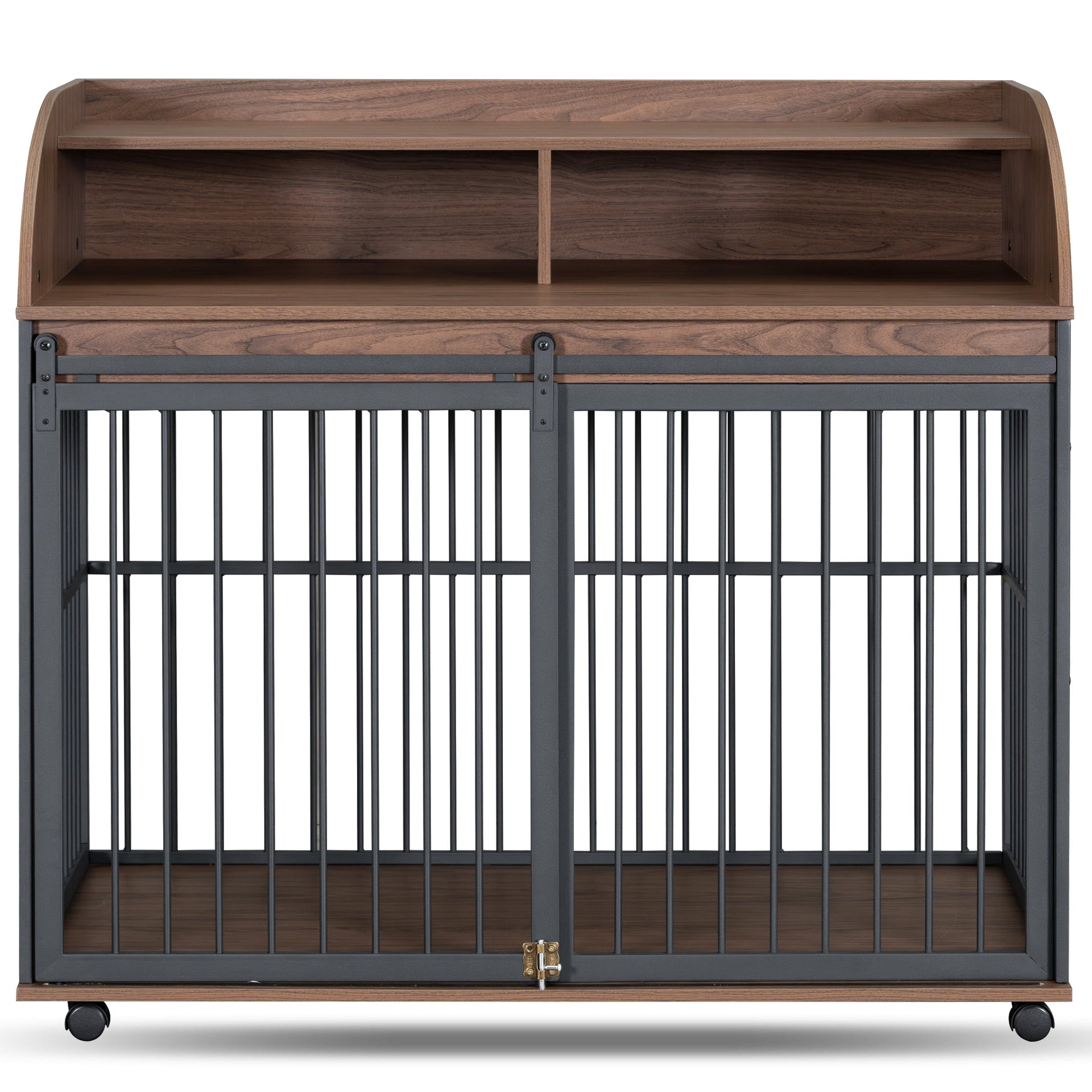 44'' Heavy Duty Large Dog Crate Furniture for Large Medium Dog with Lockable Wheels, Wooden Dog Crate Dog Kennel, End Table Crate with Double layer storage, Brown