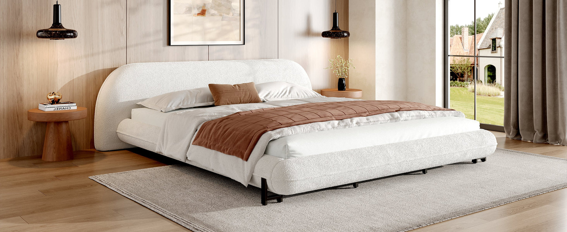 King Size Bed Frame with Boucle Fabric, Upholstered Platform Bed with Curve-Shaped Design & Thick Headboard, White