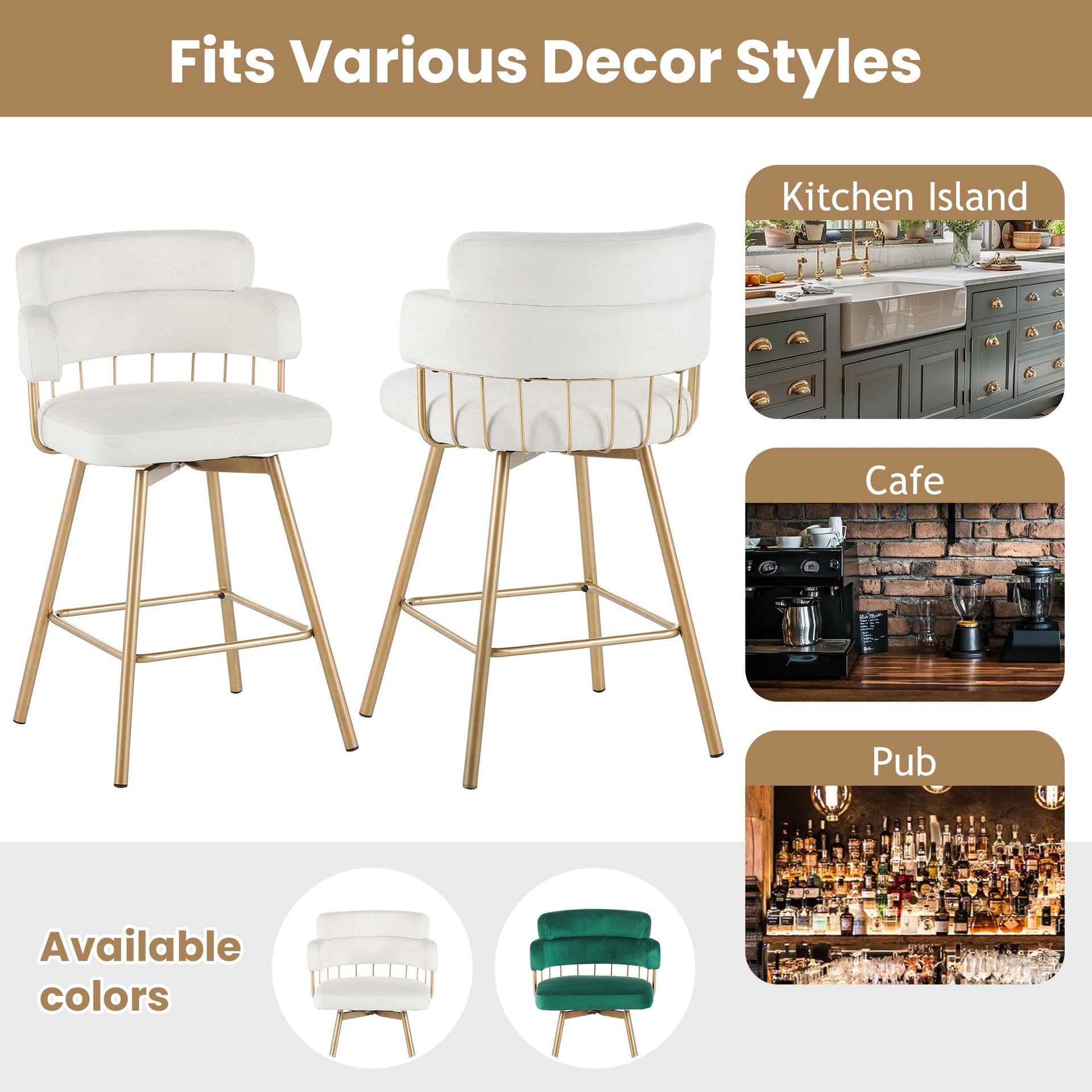 26' Counter Height Bar Stools Set of 2, 180° Swivel Upholstered Barstools with Backs and Metal Legs, Bar Stools for Kitchen Island, Cafe, Pub,