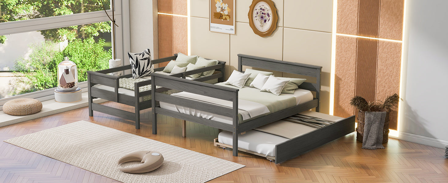 Wood Twin over Full Bunk Bed with Twin Size Trundle Gray