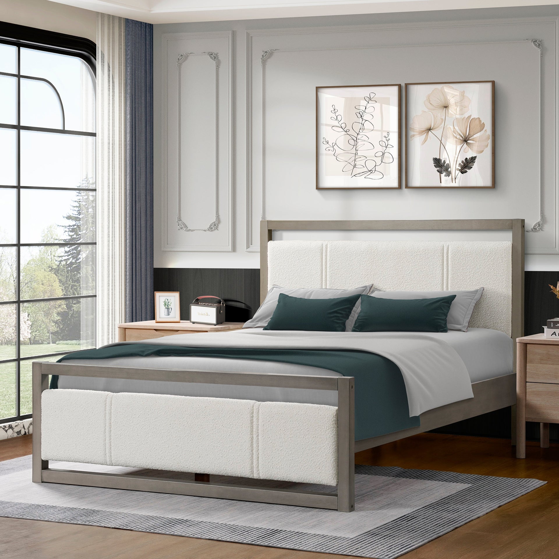 Queen Bed with Ivory Boucle Fabric Headboard, Wood Frame