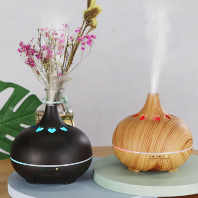 Modern Heart Shapes Aromatherapy Diffuser 550ml With Remote Control Cool Mist Humidifier Ultrasonic Aroma Essential Oil Diffuser for Office Home Bedroom Living Room Study Yoga Spa - Wood Grain, 7 Colors LED Light