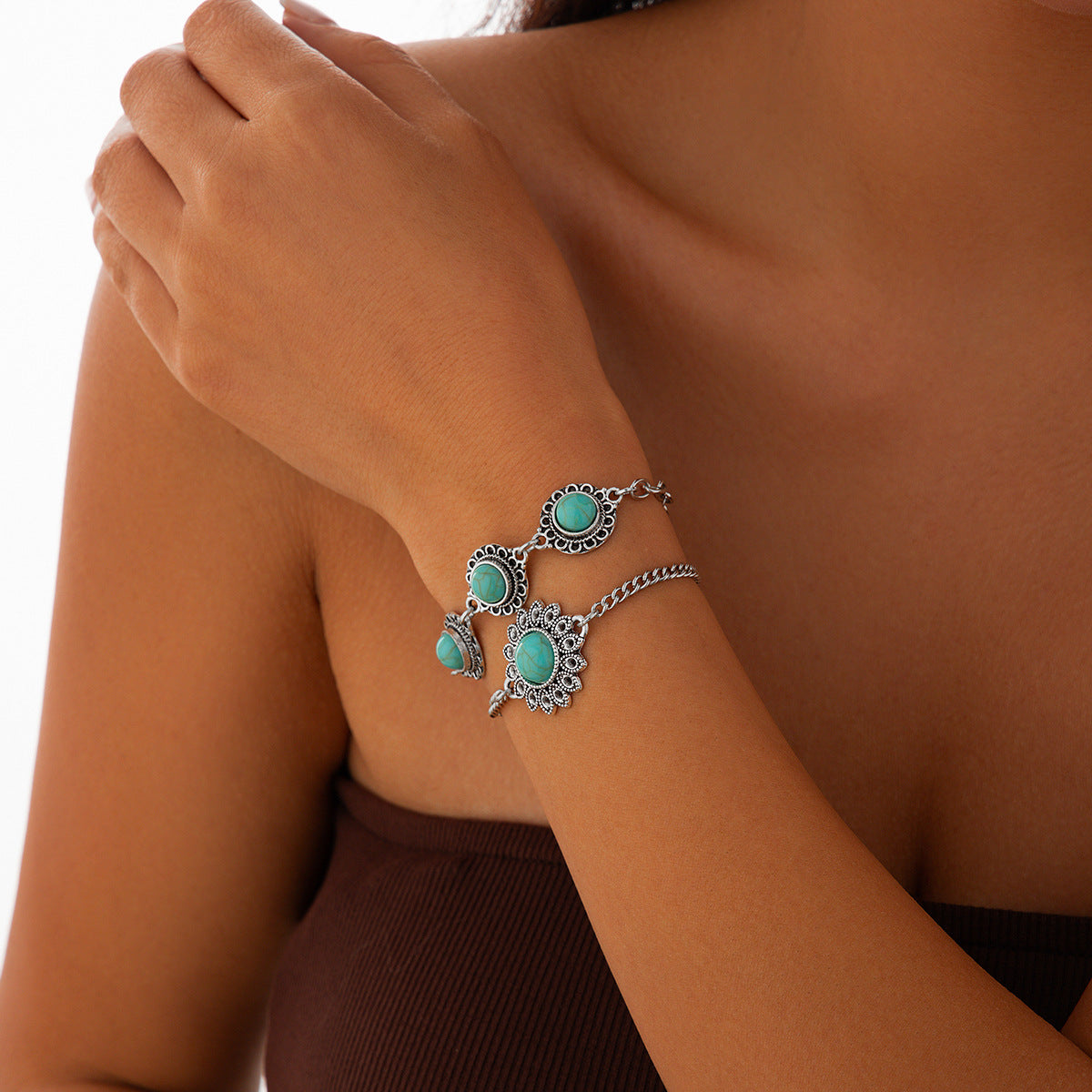 Ethnic style retro alloy turquoise bracelet Bohemian artistic bracelet set for women