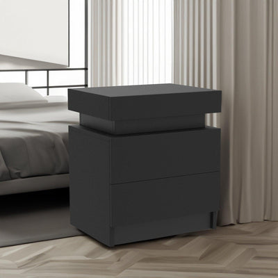 Modern Black LED Nightstand with Led Lights Bedside table with 2 High Gloss Drawers for Bedroom