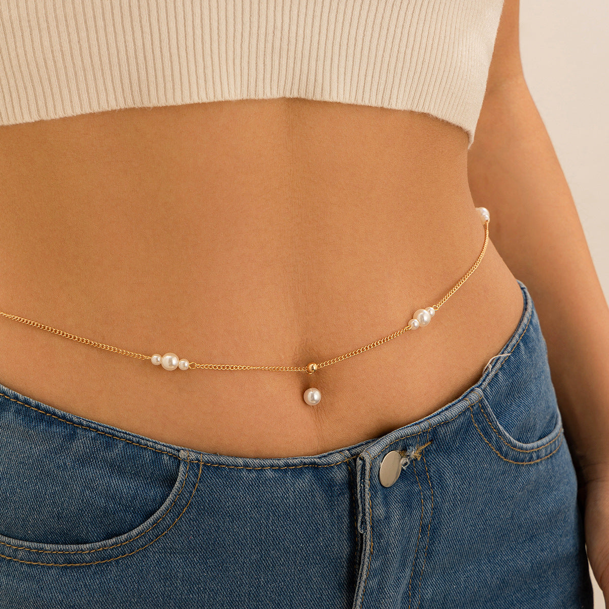 Zircon navel nail body chain sexy imitation pearl tassel chain