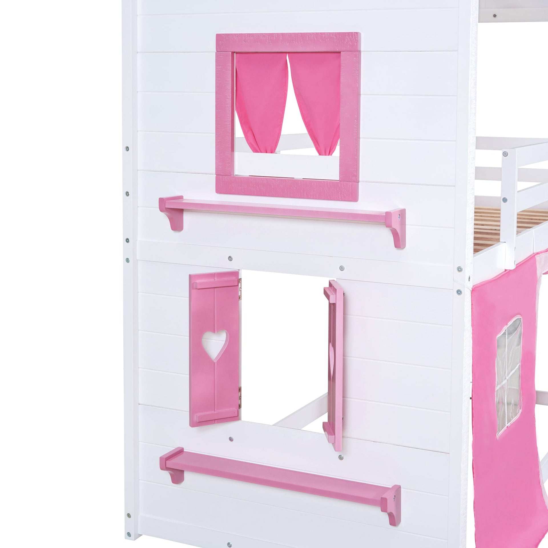 Twin Size Bunk Wood House Bed with Elegant Windows, Sills and Tent, Pink+White