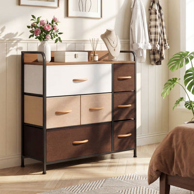 7 Drawer Tower Steel Frame and Wooden Top Dresser Storage Chest for Bedroom