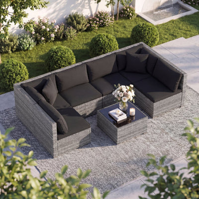 7 Pieces Patio Rattan Furniture Set with Sectional Sofa Cushioned-Black