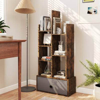 7-Tier Open-Back Bookshelf with Drawer-Rustic Brown
