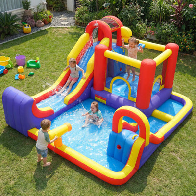 7 in 1 Outdoor Inflatable Bounce House with Water Slides and Splash Pools with 750W Blower